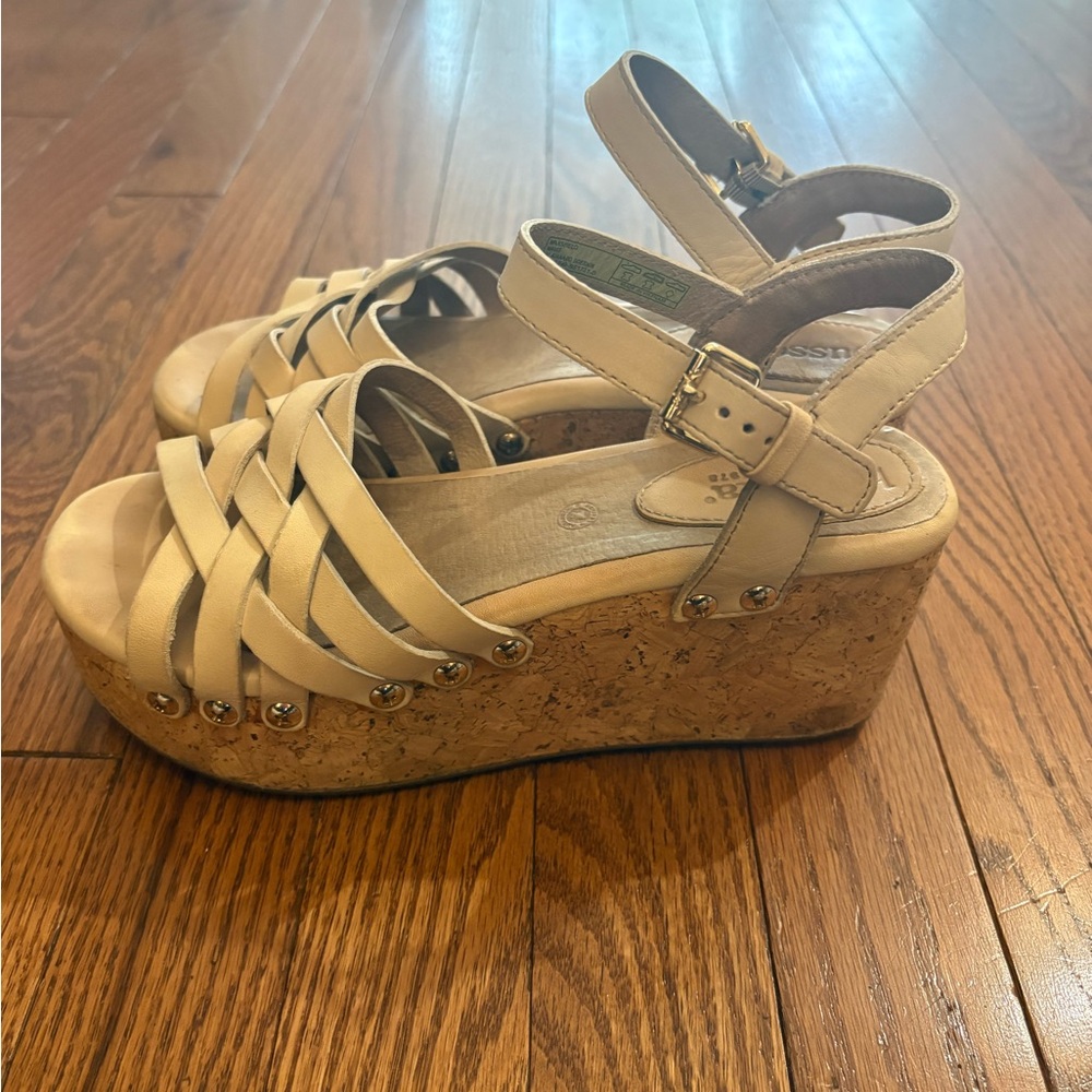 bussola Cream Leather Cork Wedge Sandals - Picture 2 of 5